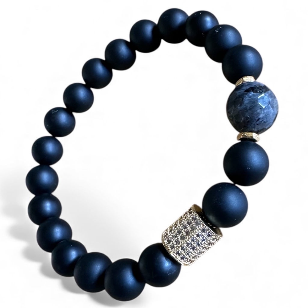 Matte 8mm Onyx Stretch Bracelet W/ Labradorite And Gold Accents